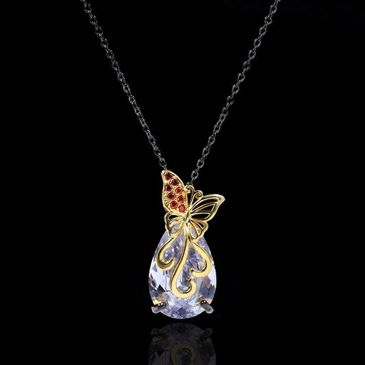 Butterfly on Waterdrop, Black Gold Style Pendant Necklace