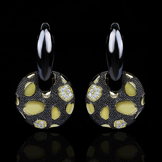 Black Leopard, Contemporary Design, Two-tone Black Gold Style Drop Earrings