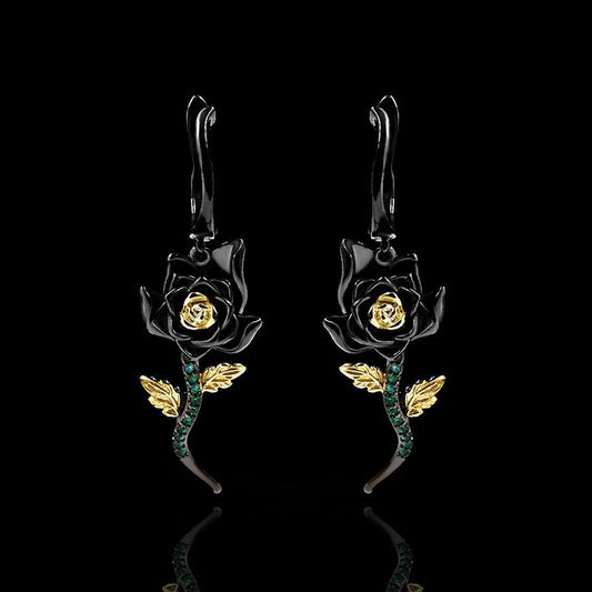 Black Rose Floweret, Black Gold Style Drop Earrings