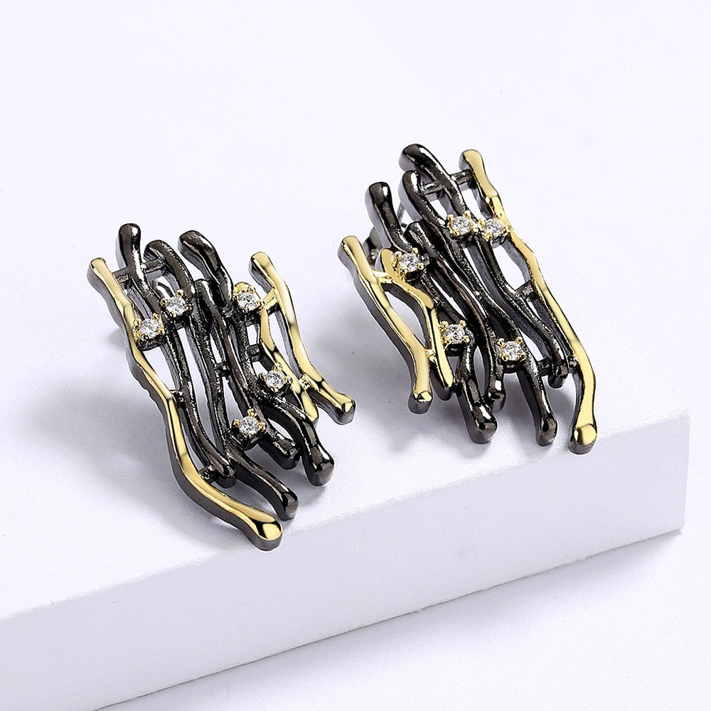 Captivating Contemporary, Two-tone Black Gold Style, Stud Earrings