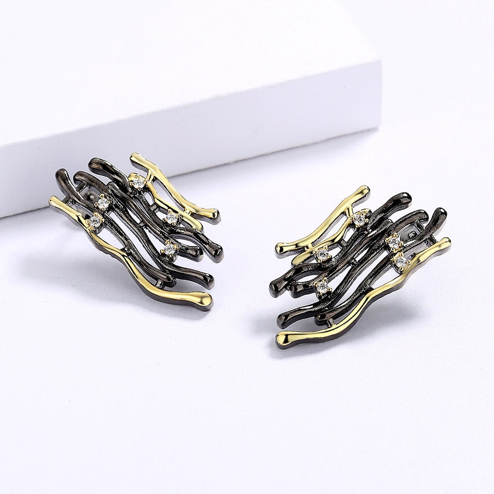 Captivating Contemporary, Two-tone Black Gold Style, Stud Earrings