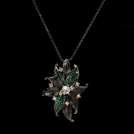 Black Barlow Columbine, Black Gold Style Pendant Necklace