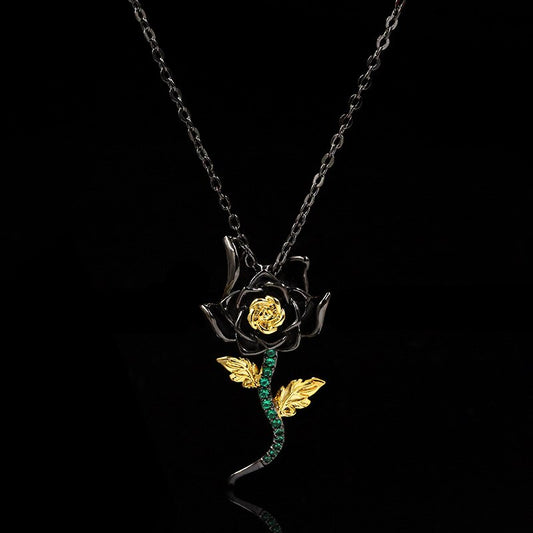 Black Rose Floweret, Black Gold Style Pendant Necklace